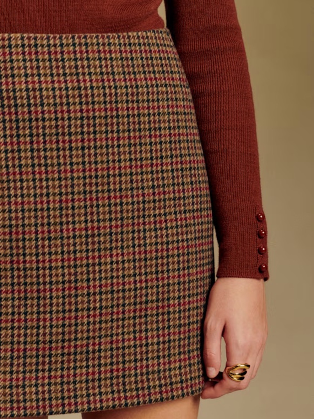 Sezane Tan Plaid Mini Skirt with Red Accents